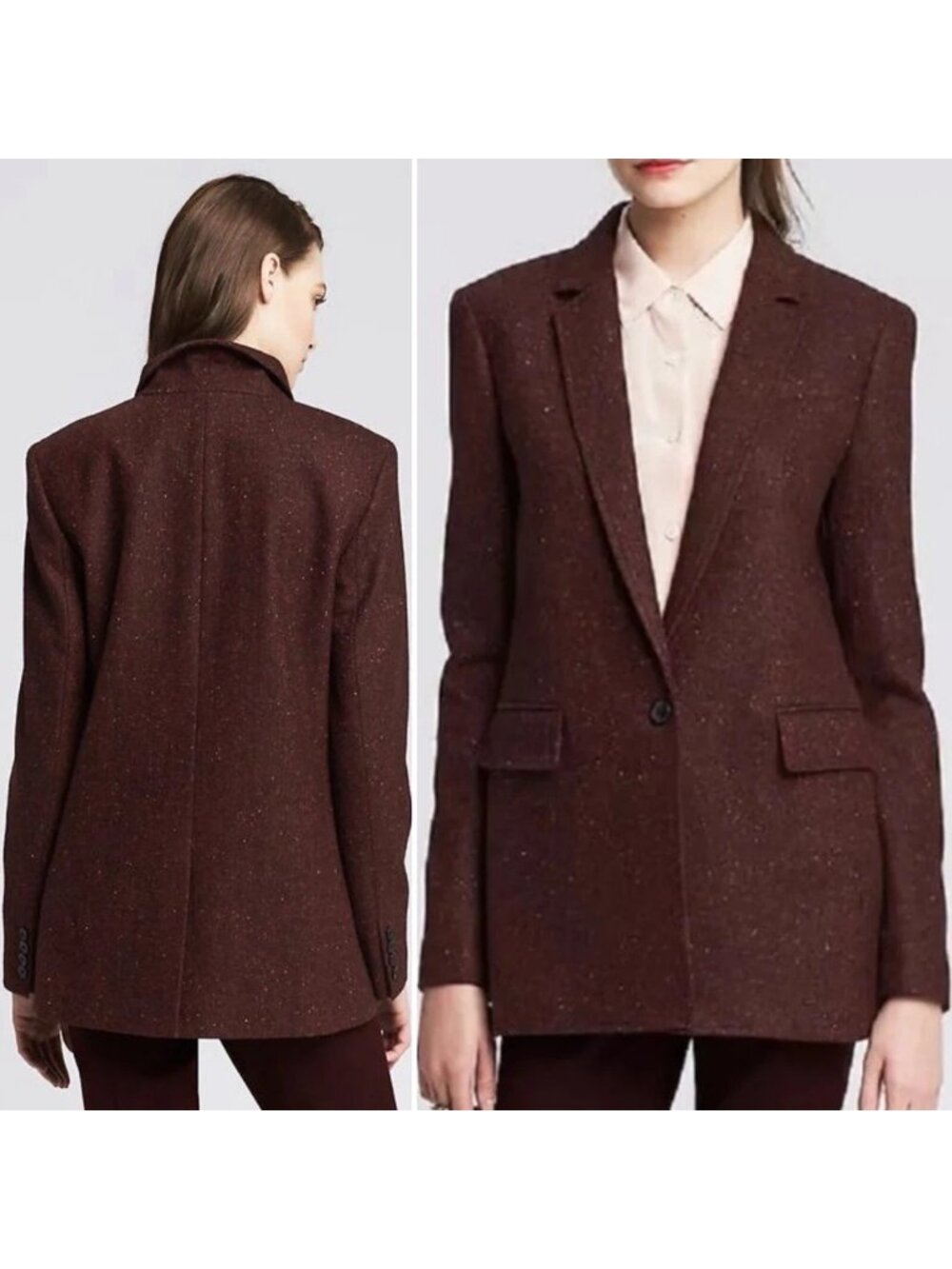 Banana Republic Blazer Jacket Size 10 Burgundy Herringbone Wool-Blend Notch Lape